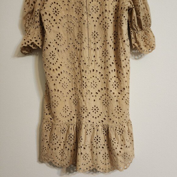 By Flow Mini Dress Eyelet Embroidered Lace Beige V Neck Zip Ruffle Feminine Edgy - Picture 9 of 15